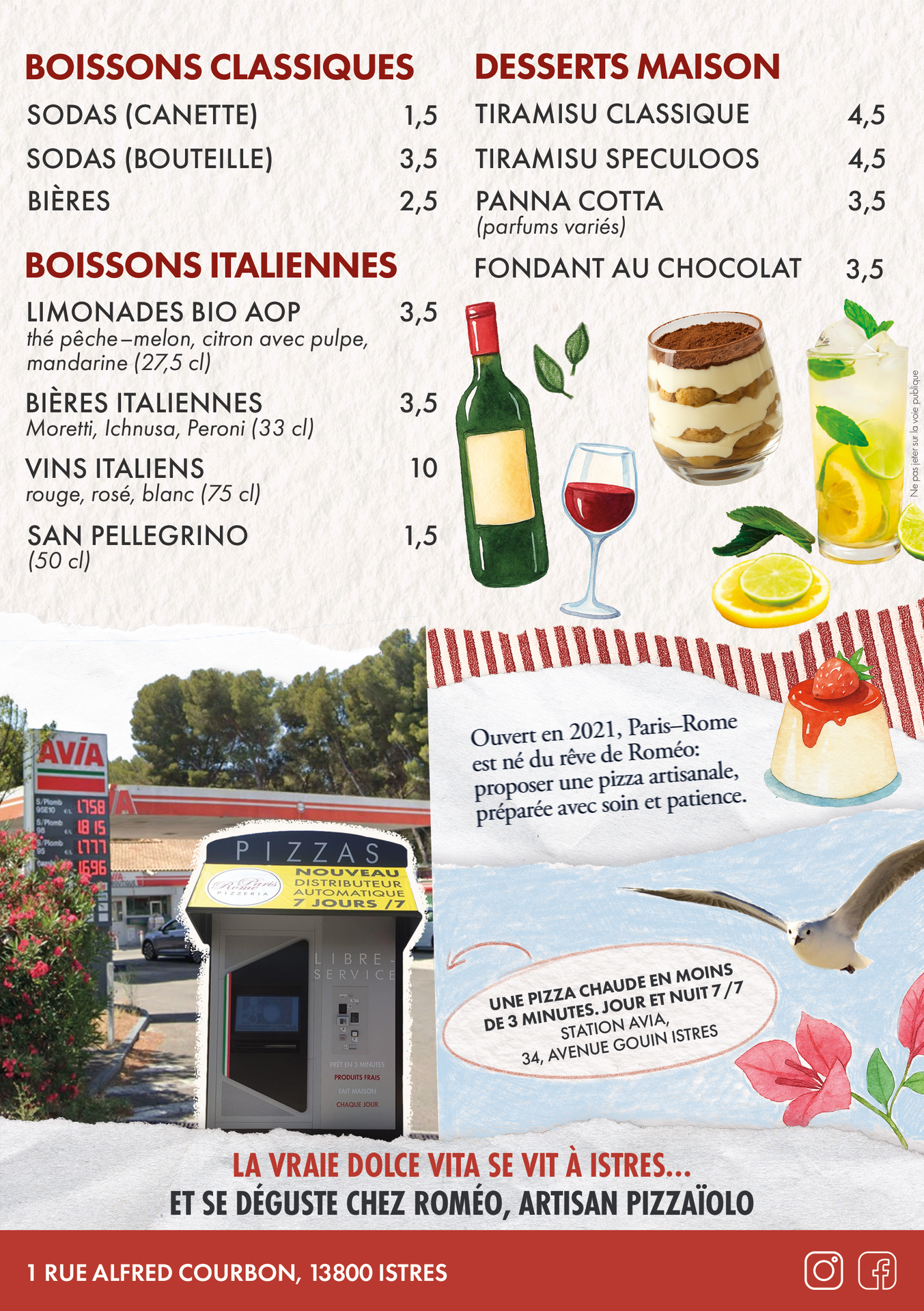 Desserts italiens et boissons – Pizzeria Paris-Rome Istres