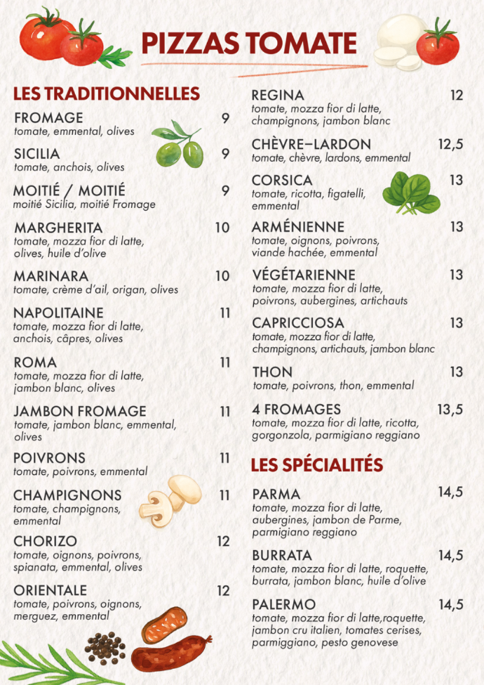 Sélection de pizzas base crème maison – Pizzeria Paris-Rome Istres